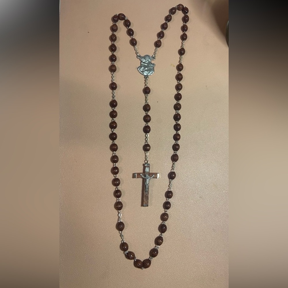 Brown Beaded Necklace with Silver Cross